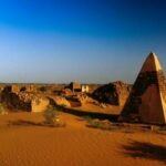 Panorama of Meroe pyramids in the desert at sunset, Sudan,