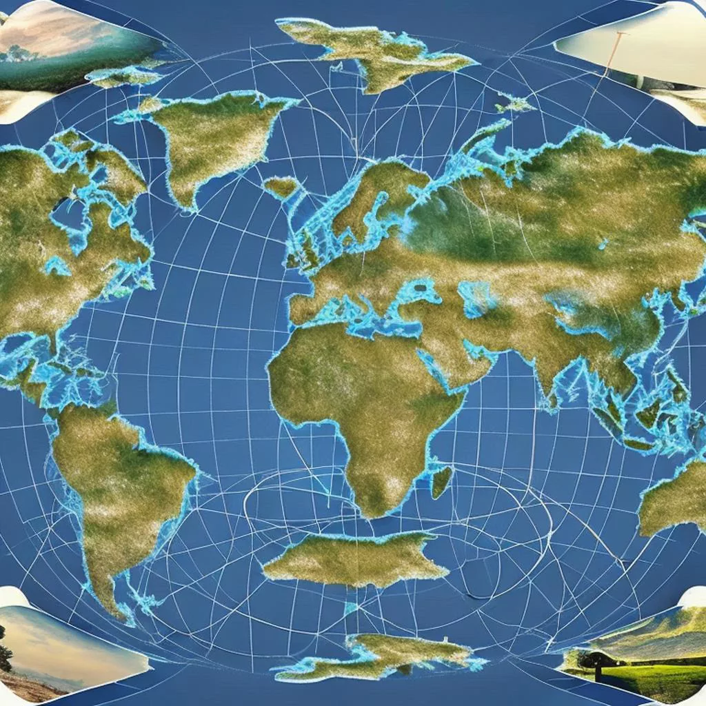 Projections used to represent the Earth on a geographical map: Mercator, Peters, Gall-Peters, Robinson, Mollweide, Stereographic, Gnomic