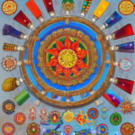 Symbols in Tibetan culture. Mandala, Lotus Flower, Dharmachakra, Conch Shell, Tibetan Flag, Snow Lion, Tanka
