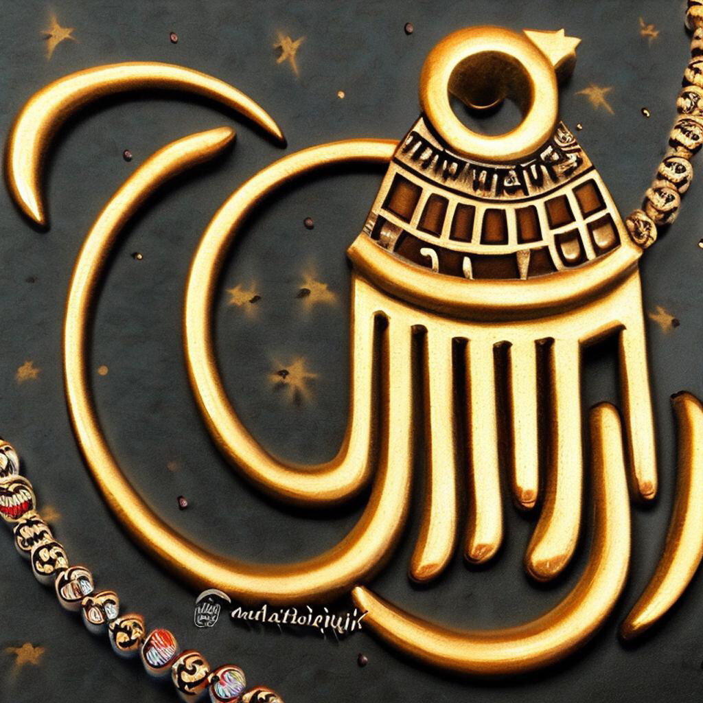 Symbols in Arab culture. Star and crescent, Hamsa hand, Eye of Horus, Calligraphy, Dhikr beads, Tughta, Mashrabiya