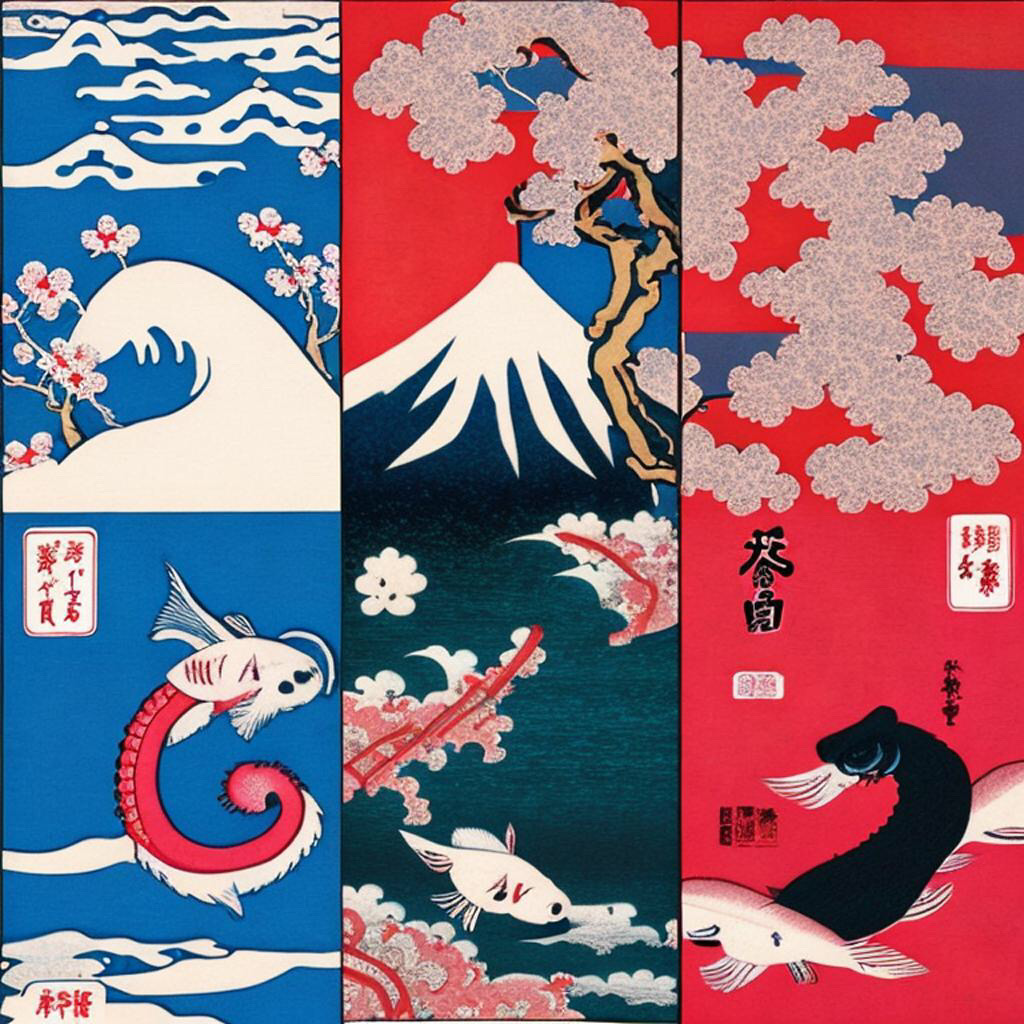 Symbols in Japanese culture. Cherry blossom, Wave, Mount Fuji, Samurai, Dragon, Koi fish, Geisha