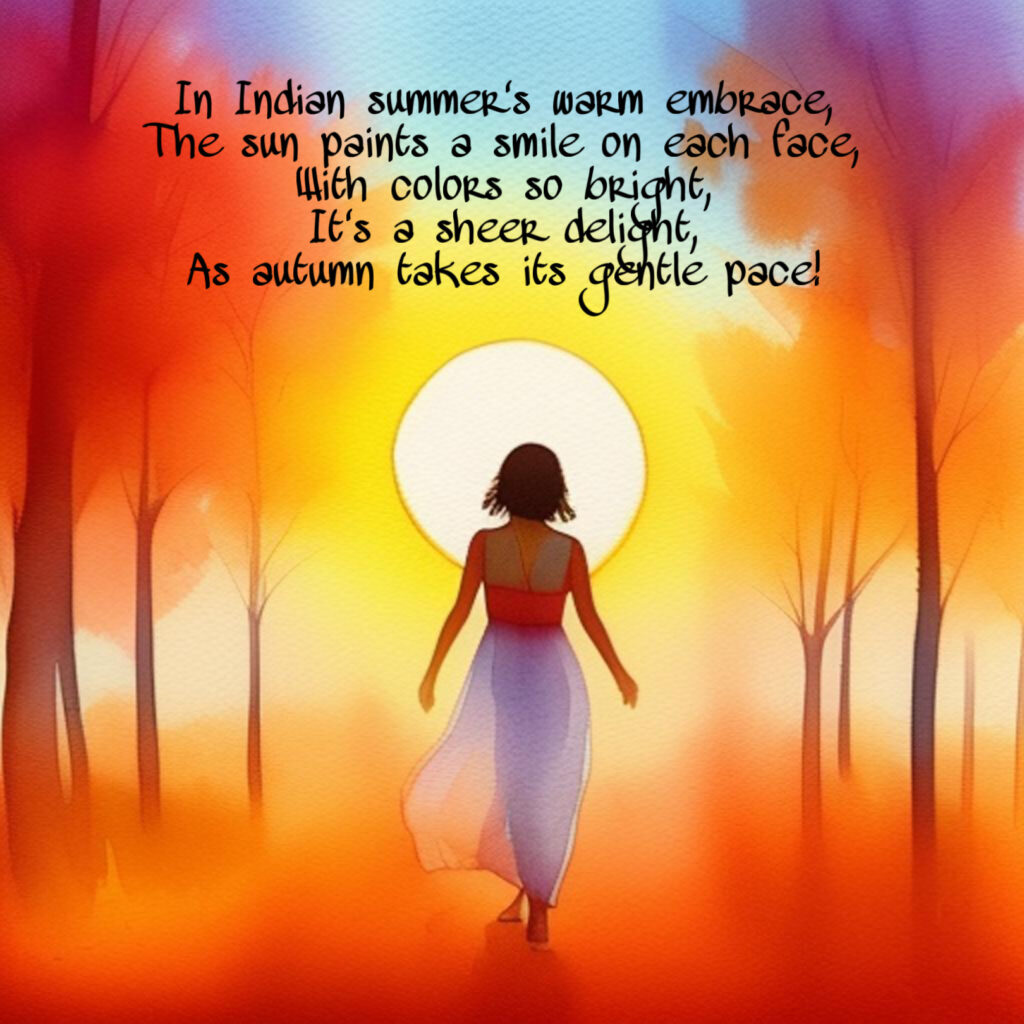 In Indian summer's warm embrace,
The sun paints a smile on each face,
With colors so bright,
It's a sheer delight,
As autumn takes its gentle pace!
