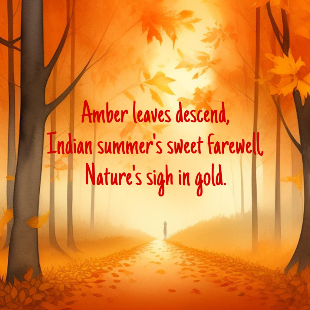 Amber leaves descend, Indian summer's sweet farewell, Nature's sigh in gold.